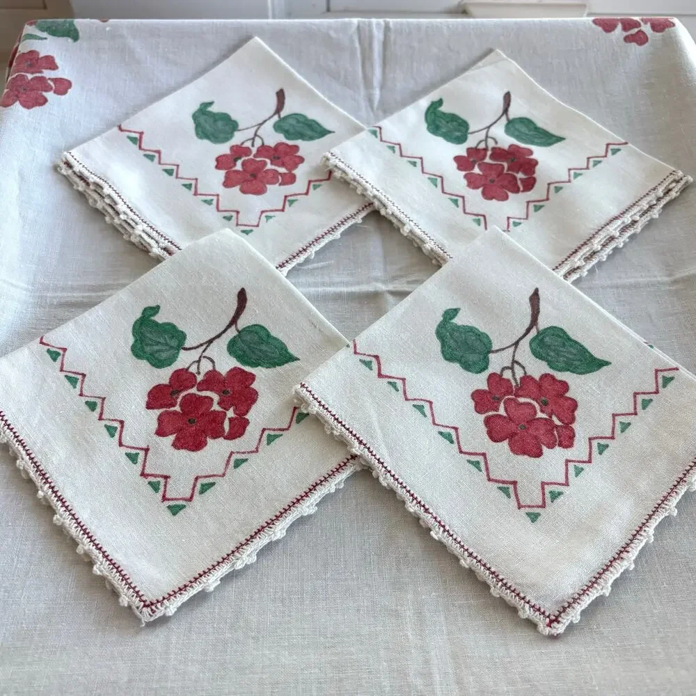 Vintage Hand Painted Tablecloth Napkin Set Red Flowers Cottage Style